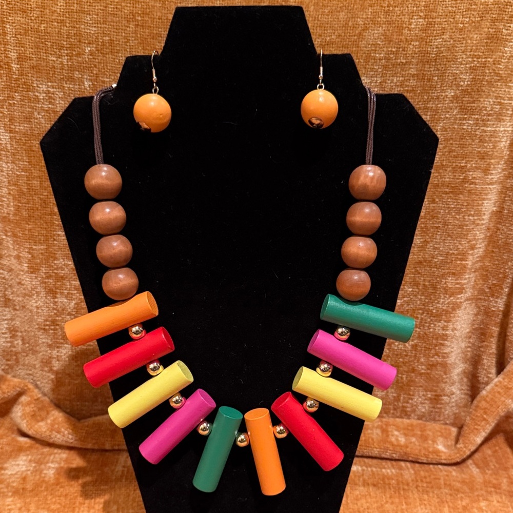 Colorful Wooden Bead Necklace and Earring Set